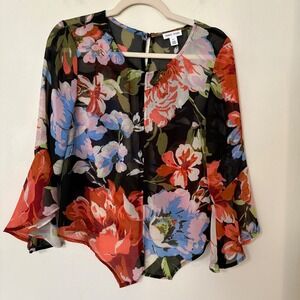Tribal Jeans Womens Petite Small Blouse Floral Sheer Boho Colorful Romantic